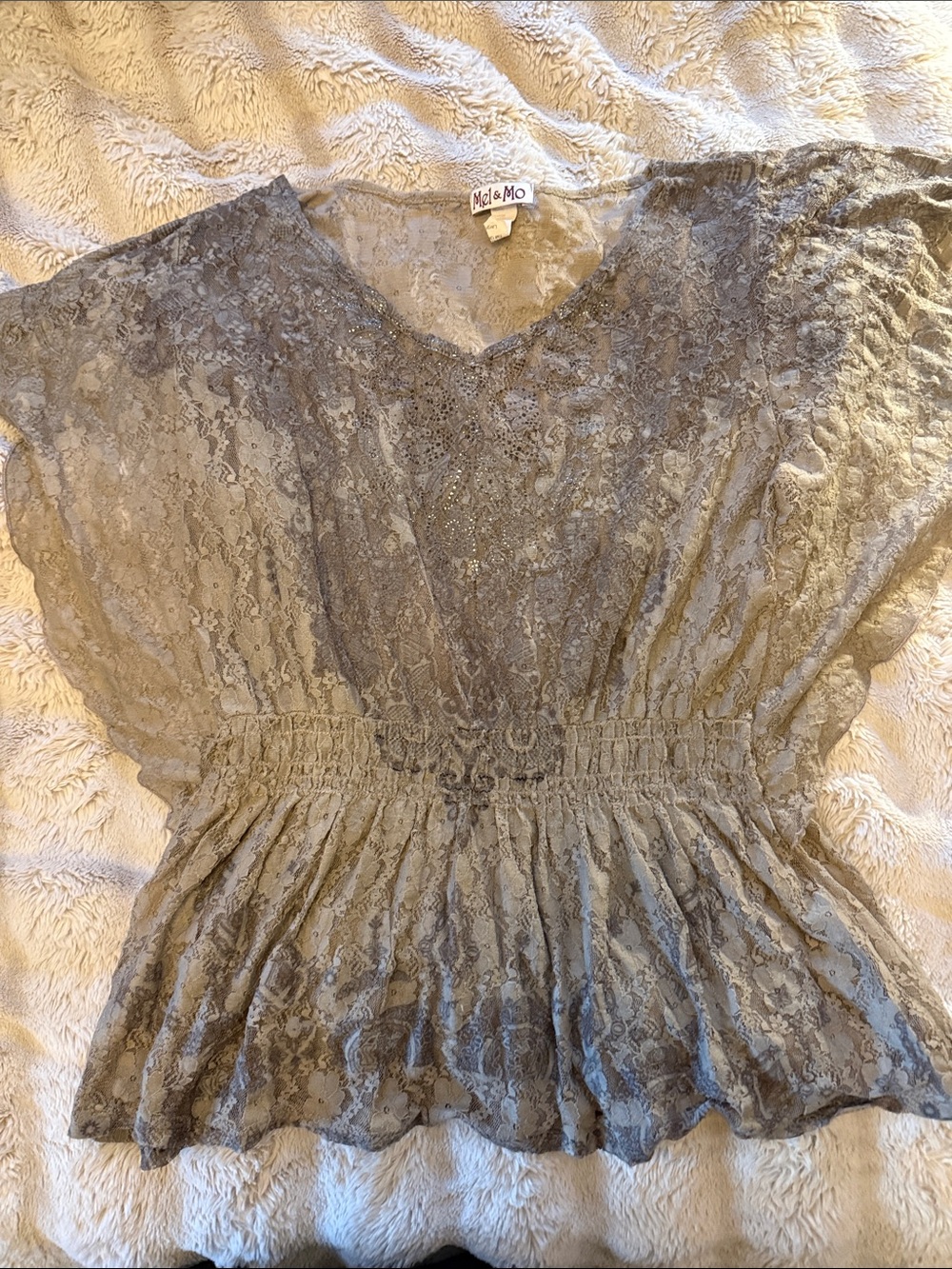 TanGray Butterfly, sparkle fleck Lace Peplum Blouse